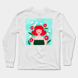 Happy girl with flowers and dragonflies, version 5 Long Sleeve T-Shirt